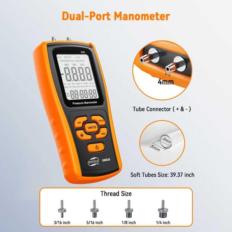Benetech Digital Manometer Gas Pressure Tester, Professional Air Pressure Meter, Differential Pressure Gauge for HVAC, Gas Valve (GM520) - Image 5
